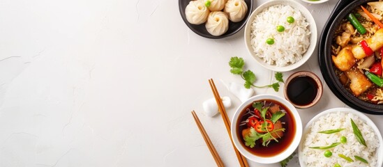 Wall Mural - Chinese cuisine including fried rice and spring roll dim sum. Copy space image. Place for adding text and design