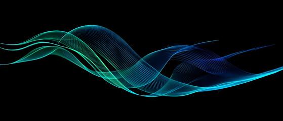 Poster - Vector abstract light lines wavy flowing dynamic in blue green colors isolated on black background for concept of AI technology, digital, communication, 5G, science, music