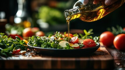 Fresh salad with tomatoes being drizzled with olive oil, perfect for healthy eating or culinary blogs, restaurant menus, and food-related promotional materials,