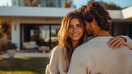 Happy young couple standing in front of new home - Husband and wife buying new house. Life style real estate concept.