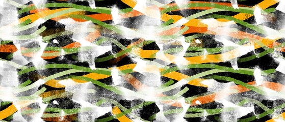 Seamless abstract geometric pattern. Green, yellow, orange, black, white. Digital textured background. Lines. Design for textile fabrics, wrapping paper, background, wallpaper, cover.