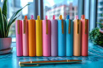 Canvas Print - A stack of colorful notebooks and pens arranged neatly on a desk, symbolizing organization and productivity.