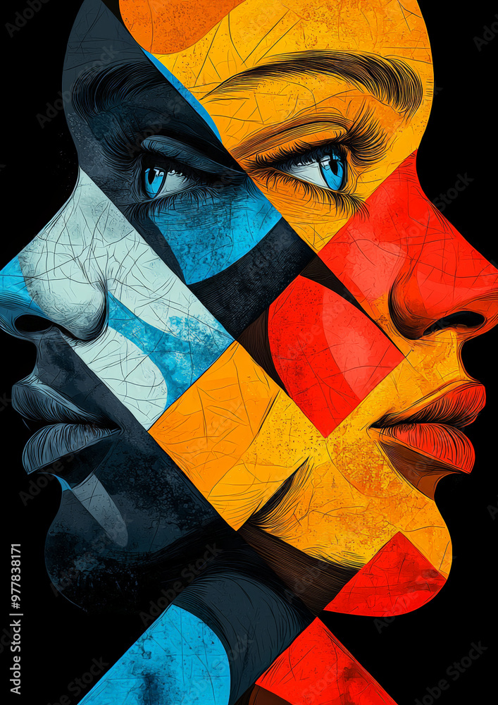 Surreal digital artwork depicting two faces in close proximity, one ...