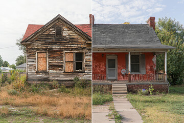 Wall Mural - A split scene with half showing an old, dilapidated wooden house and the other side showing a newly renovated modern home, contrasting past and present.