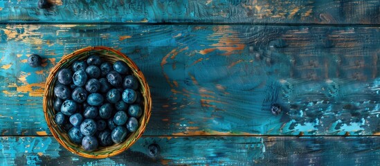 Poster - Ripe blueberries in a wicker bowl on a blue rustic wooden table Top view shot Background concept for harvesting and healthy nutrition and vitamins with copy space