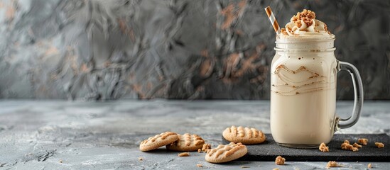 Canvas Print - Vanilla milkshake with crunchy cookies in a mason jar on a gray stone surface. Copy space image. Place for adding text and design