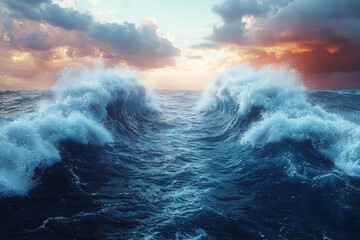 Poster - a split scene of a calm ocean on one side and rough, crashing waves on the other, symbolizing sereni
