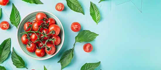 Wall Mural - Food Vegetables A bowl of fresh tomato and leaf varieties set against a light blue background featuring a copyspace A patterned frame A flat lay top view