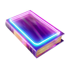 Poster - Purple book with glowing neon frame is lying on a white background