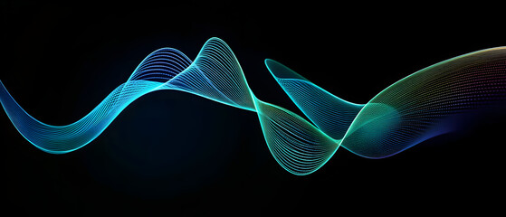Poster - Vector abstract light lines wavy flowing dynamic in blue green colors isolated on black background for concept of AI technology, digital, communication, 5G, science, music