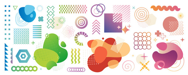 Aufkleber - Abstract geometric symbols mega set in flat graphic design. Collection elements of Memphis geometry shapes, bright dynamic circles, blobs, dot grids, liquid wave blobs, others. Illustration.