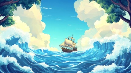 Imaginative Children's Illustration: Waves Surrounding a Pirate Ship in Vibrant Frames