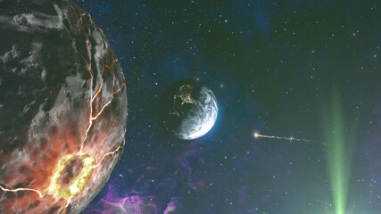 Wall Mural - massive rocky planet close to earth and small meteor 3d rendering of planet earth with potential ast