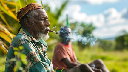 jamaican men smoking on the grass, view from distance