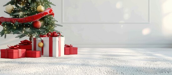 Poster - Christmas gift boxes on a white carpet beside a Christmas tree. Copy space image. Place for adding text and design