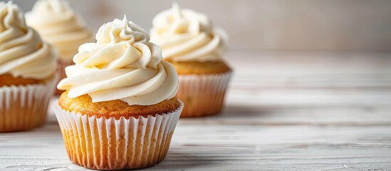 Sticker - Delicate and tasty vanilla cupcakes topped with cream cheese frosting placed on a white wooden surface selective focus. Copy space image. Place for adding text and design