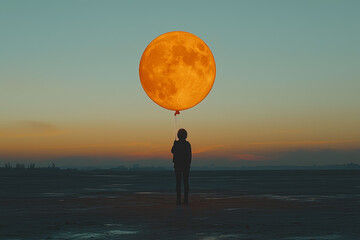 Wall Mural - A person holding a balloon shaped like the moon, symbolizing the blend of childhood innocence and cosmic wonder.