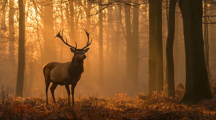 Wall Mural - A majestic stag standing proudly on a hilltop, silhouetted against the setting sun