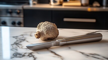 A metallic knife rests beside a textured, organic-looking object on a marble countertop.