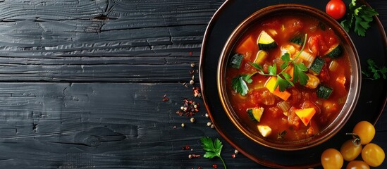 Wall Mural - Ratatouille soup with zucchini Viewed from above Set against a black wooden background Copy space