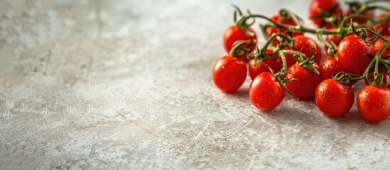 Wall Mural - A cluster of cherry tomatoes on a white textured stone concrete table viewed from the side with copy space Ingredients for cooking