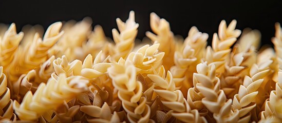 Wall Mural - Close up of raw Italian pasta Uncooked pasta resembling ears of wheat against a black textured background Represents the idea of healthy food and eating. Copy space image