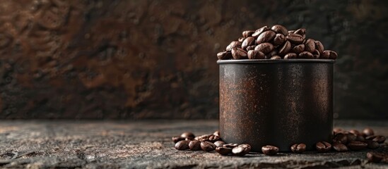 Wall Mural - Coffee beans in a tin measuring cup set against a dark rustic background Low key lighting with shallow depth of field. Copy space image. Place for adding text and design