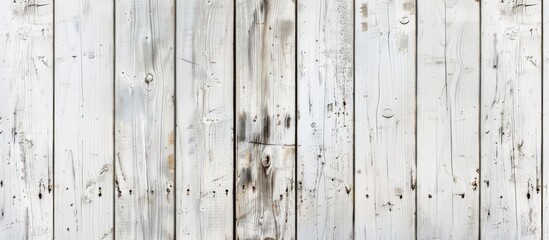 Sticker - Vintage white wood texture featuring knots and nail holes Aged painted wood wall Abstract white background Light vintage wooden horizontal planks Front view with copyspace