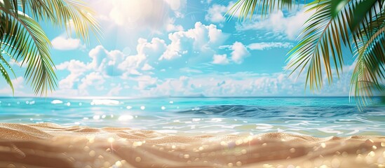 Sticker - Summer backdrop featuring a frame showcasing a tropical golden beach with sunlight rays and palm leaves Close up of golden sandy beach sea blue sky and white clouds Copy space reflecting the summer v