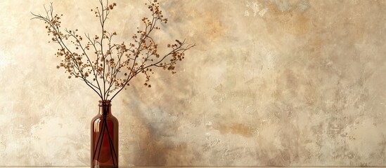 Wall Mural - Ilex verticillata branches in a vintage brown glass bottle against a beige wall background Front view Copy space