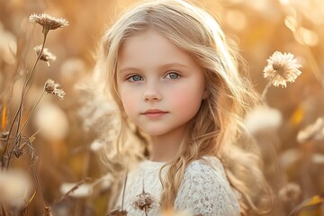 Canvas Print - Portrait of a Young Girl with Blonde Hair in a Field of Flowers