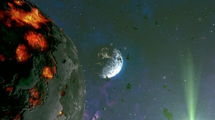 Wall Mural - massive dead planet asteroid close to earth with small rocks 3d rendering of planet earth with poten
