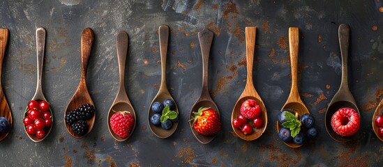 Wall Mural - Wooden spoons with various berries on a backdrop of aged rusty metals illustrating concepts of organic food detoxification clean eating or vegetarianism copy space closeup