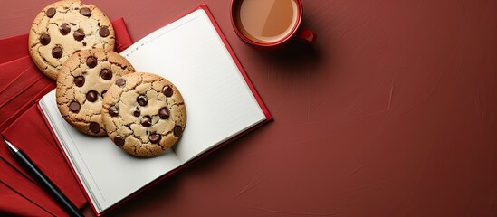 Poster - blank open book cookies and notebook on a colored background. copy space image. place for adding tex
