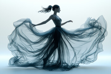 Poster - A dancer's silhouette infused with flowing fabric, representing movement and grace through double exposure.