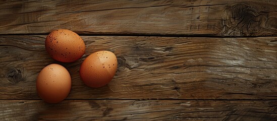 Canvas Print - three eggs on an aged wooden table. Copy space image. Place for adding text and design