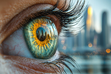 Poster - A city skyline reflected in a giant human eye, representing how urbanization shapes the way we see the world.