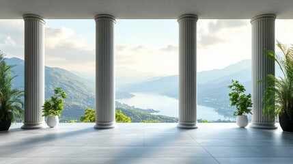 Wall Mural - Breathtaking Modern Interior with Panoramic Views and Architectural Columns