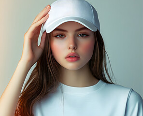 Sticker - Mockup template for women wearing a white baseball cap