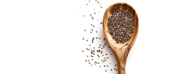 Sticker - Chia seeds in a wooden spoon set against a white background. Copy space image. Place for adding text and design