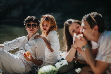 Sticker - Group of young friends having a joyful summer picnic by the river, sharing laughter and food in a serene natural setting.