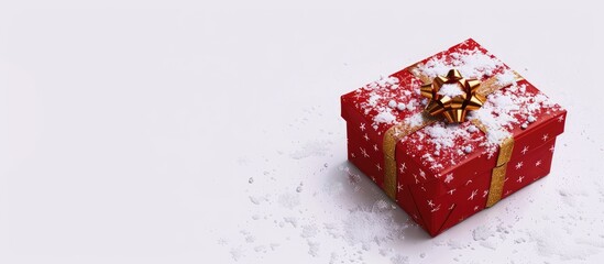 Poster - Small red gift box with gold decoration and artificial snow on a white background Isolated Copy space Top view Festive theme