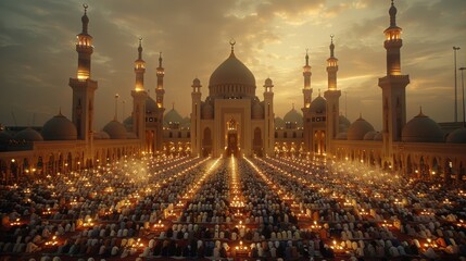 Muslim community praying in a mosque. Muslims in a large mosque