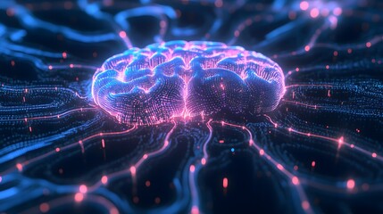 A futuristic computer modeled after the human brain, glowing with neural networks and synapse-like connections 