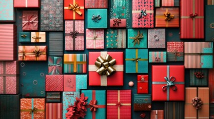 Wall Mural - A Colorful Array of Gift Boxes with Varied Wrapping Paper and Ribbons