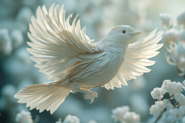 Aufkleber - A bird made of paper flying through the sky, symbolizing the delicate balance between reality and fantasy.