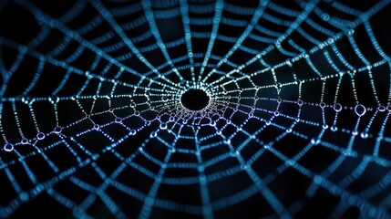 Detailed close-up of a spider's web broken glass with a central hole