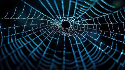 Detailed close-up of a spider's web broken glass with a central hole