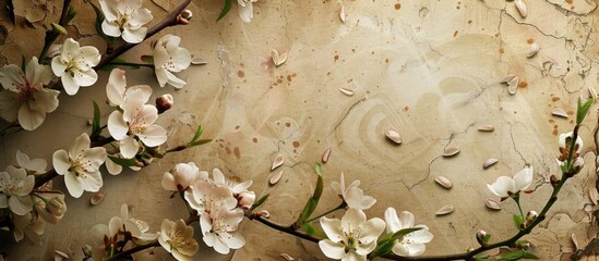 Canvas Print - textured vintage paper background featuring almond tree blossoms. Copy space image. Place for adding text and design