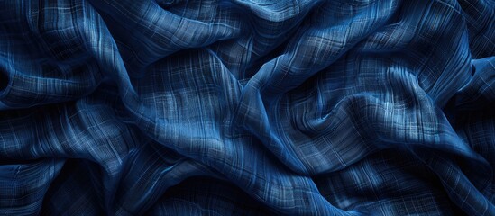 Poster - fragment of dark blue linen fabric texture serving as an abstract background composition. copy space